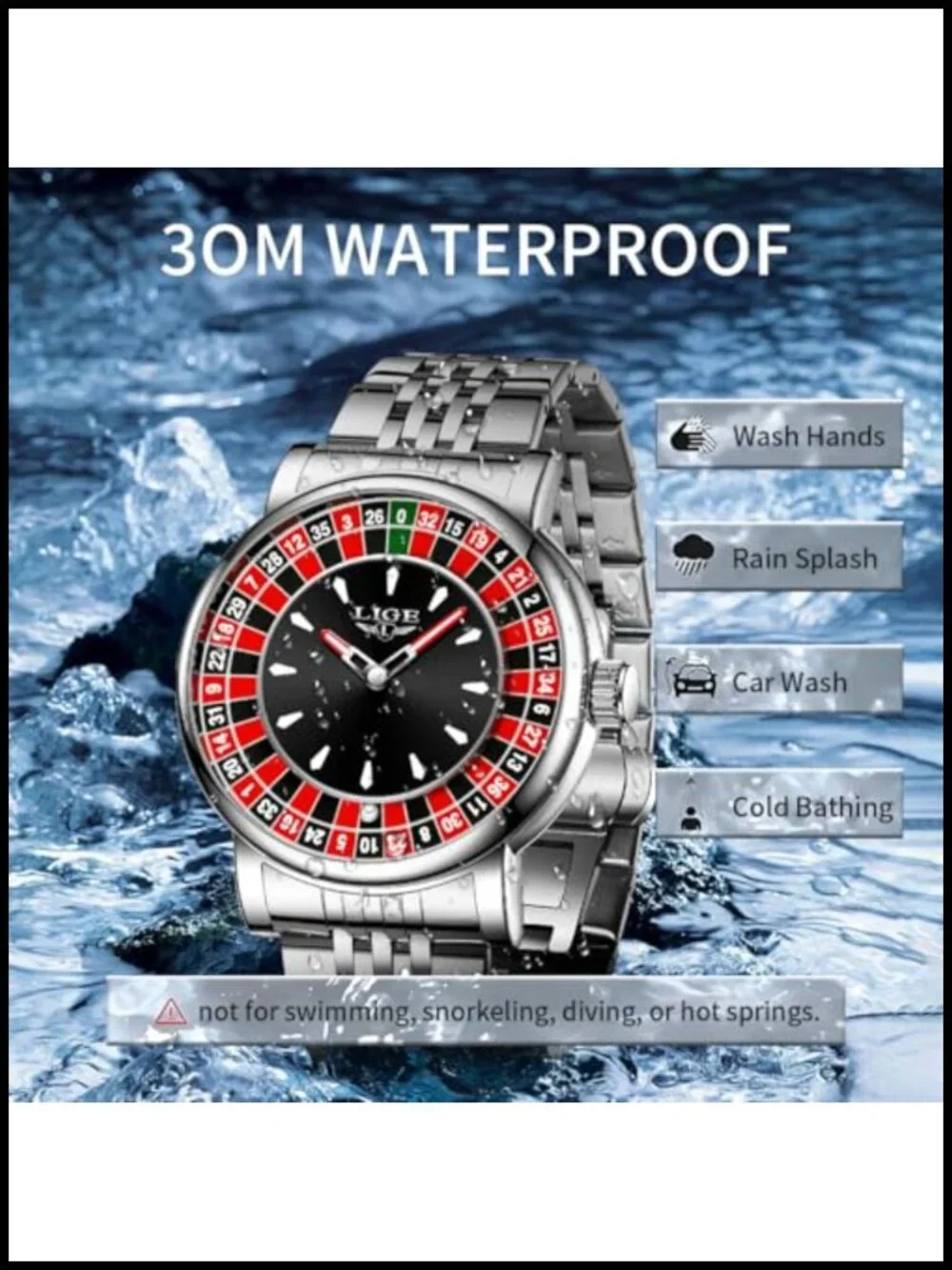 Mens Roulette Wheel Quartz Watch 45mm Stainless Steel 3ATM Waterproof
